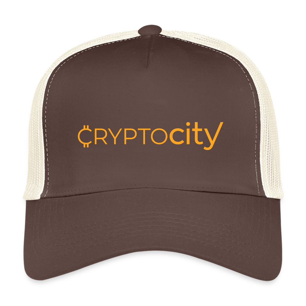 Trucker Cap mit dem klassischen CryptoCity Schriftzug - Braun/Beige