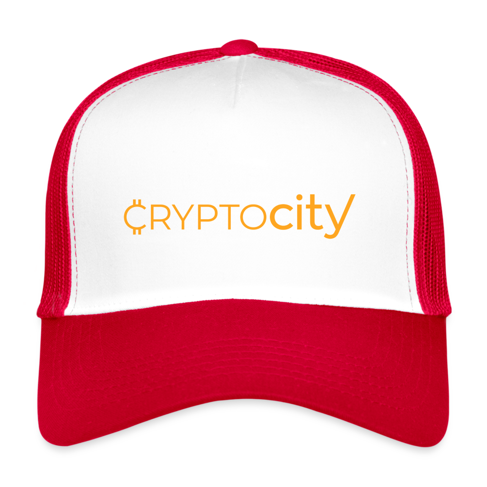 Trucker Cap mit dem klassischen CryptoCity Schriftzug - Weiß/Rot