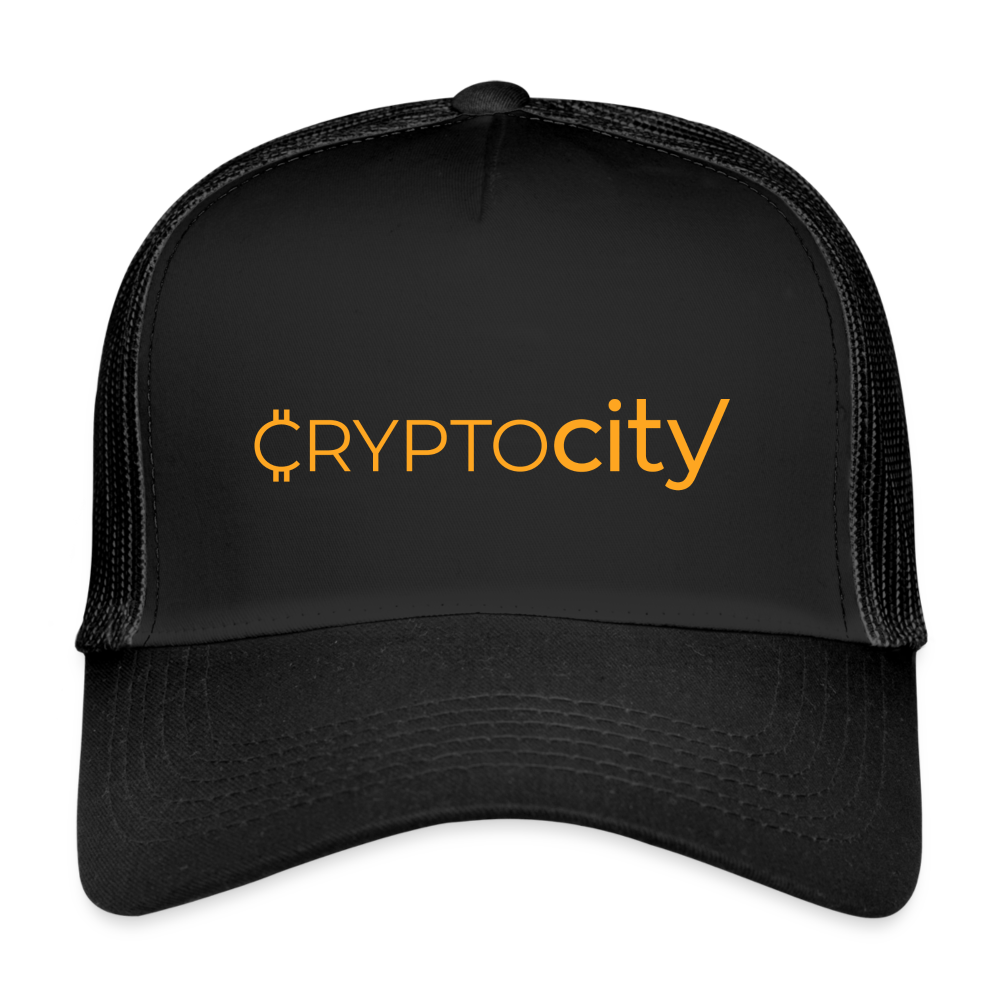 Trucker Cap mit dem klassischen CryptoCity Schriftzug - Schwarz/Schwarz