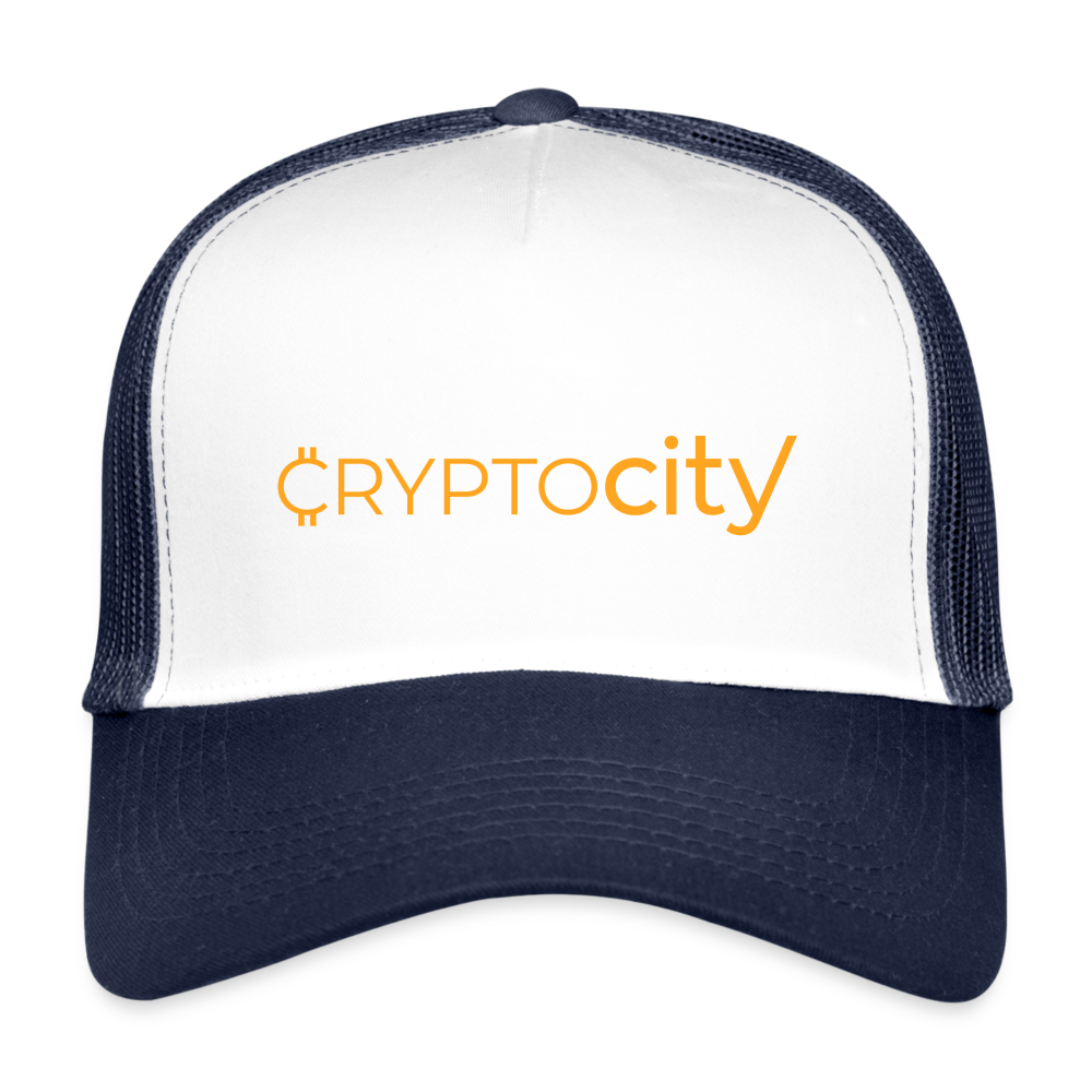 Trucker Cap mit dem klassischen CryptoCity Schriftzug - Weiß/Navy